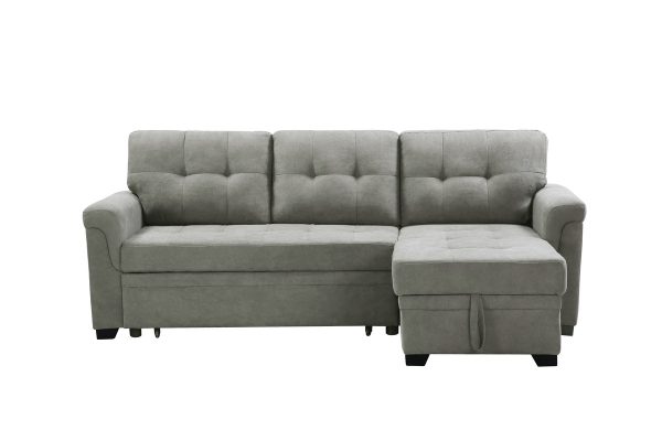 Lucca 84"W Light Gray Fabric Reversible Sectional Sleeper Sofa Chaise with Storage - Image 2