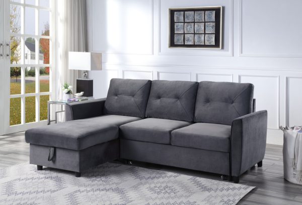 Hudson 83"W Dark Gray Velvet Reversible Sleeper Sectional Sofa with Storage Chaise - Image 3