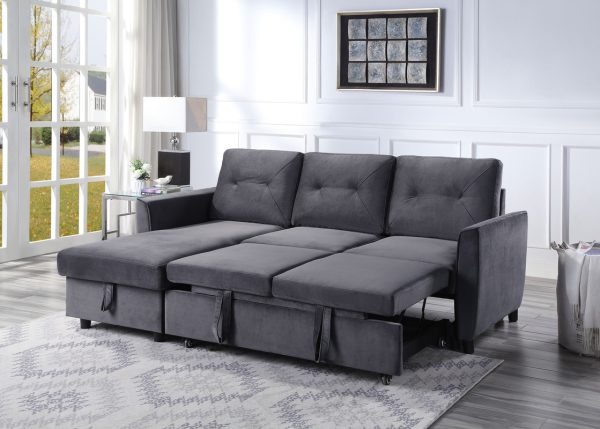 Hudson 83"W Dark Gray Velvet Reversible Sleeper Sectional Sofa with Storage Chaise - Image 2