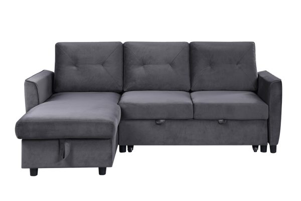 Hudson 83"W Dark Gray Velvet Reversible Sleeper Sectional Sofa with Storage Chaise - Image 5