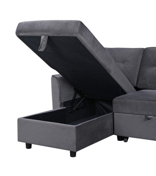 Hudson 83"W Dark Gray Velvet Reversible Sleeper Sectional Sofa with Storage Chaise - Image 4