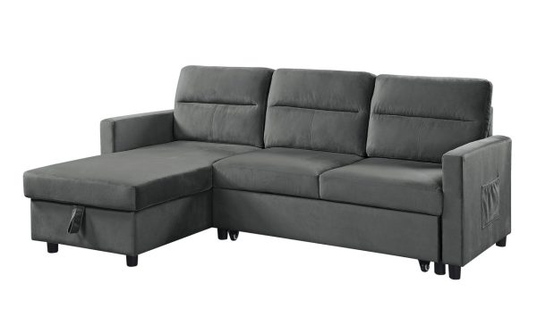 Ivy 81.5"W Dark Gray Velvet Reversible Sleeper Sectional Sofa with Storage Chaise and Side Pocket - Image 5