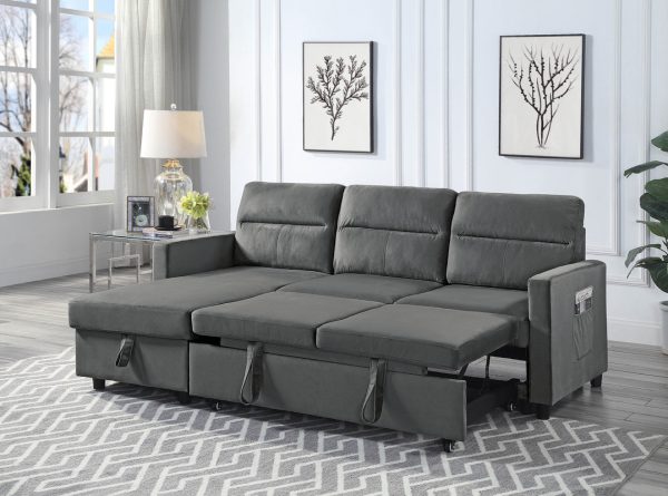 Ivy 81.5"W Dark Gray Velvet Reversible Sleeper Sectional Sofa with Storage Chaise and Side Pocket - Image 4