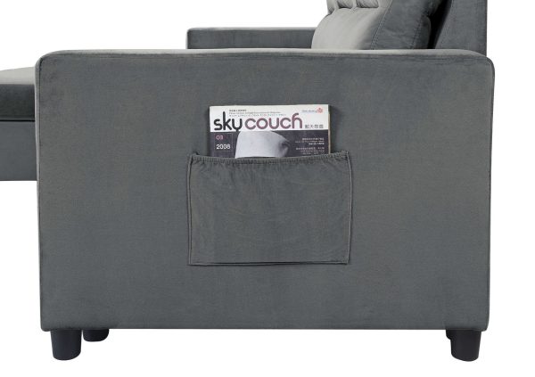 Ivy 81.5"W Dark Gray Velvet Reversible Sleeper Sectional Sofa with Storage Chaise and Side Pocket - Image 2