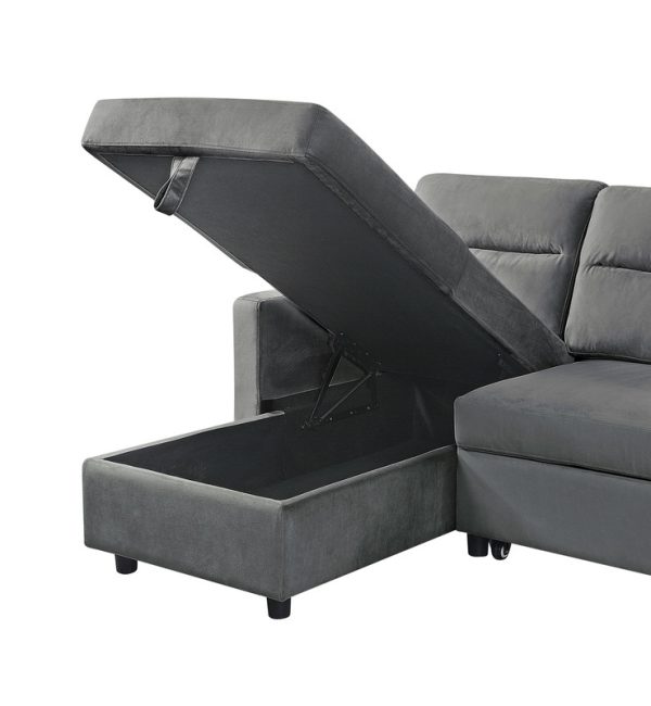 Ivy 81.5"W Dark Gray Velvet Reversible Sleeper Sectional Sofa with Storage Chaise and Side Pocket - Image 6