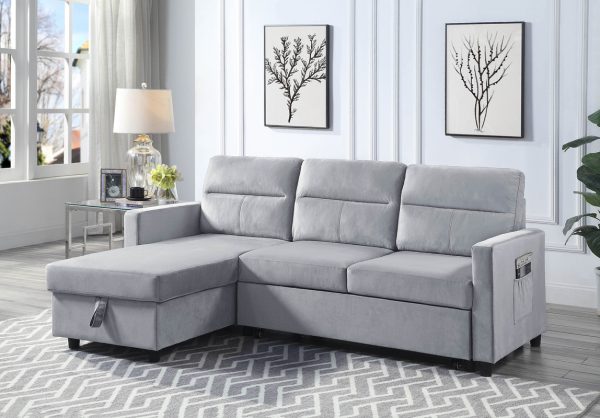 Ivy 81.5"W Light Gray Velvet Reversible Sleeper Sectional Sofa with Storage Chaise and Side Pocket