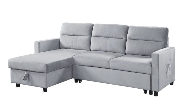 Ivy 81.5"W Light Gray Velvet Reversible Sleeper Sectional Sofa with Storage Chaise and Side Pocket - Image 4
