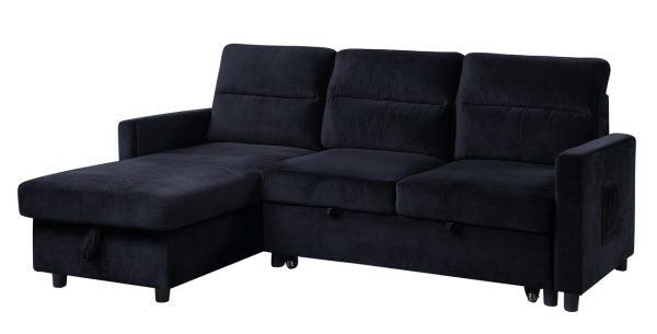 Ivy 81.5"W Black Velvet Reversible Sleeper Sectional Sofa with Storage Chaise and Side Pocket - Image 5