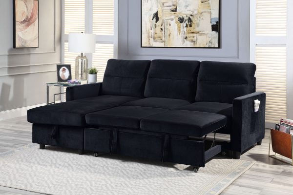 Ivy 81.5"W Black Velvet Reversible Sleeper Sectional Sofa with Storage Chaise and Side Pocket - Image 4