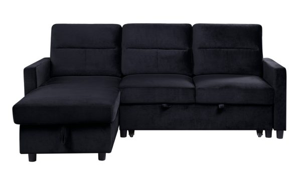 Ivy 81.5"W Black Velvet Reversible Sleeper Sectional Sofa with Storage Chaise and Side Pocket - Image 3