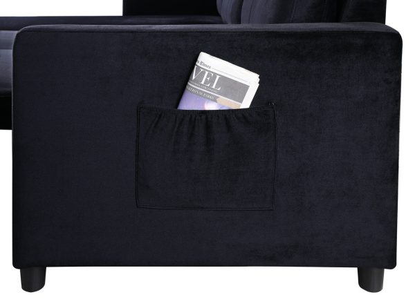 Ivy 81.5"W Black Velvet Reversible Sleeper Sectional Sofa with Storage Chaise and Side Pocket - Image 2