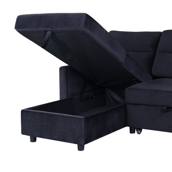 Ivy 81.5"W Black Velvet Reversible Sleeper Sectional Sofa with Storage Chaise and Side Pocket - Image 6