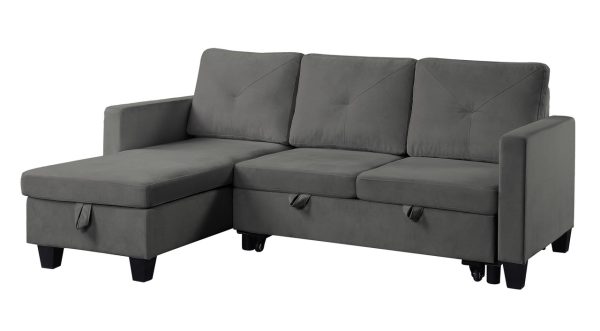 Nova 82.5"W Dark Gray Velvet Reversible Sleeper Sectional Sofa with Storage Chaise - Image 3