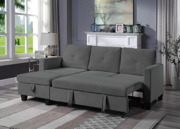 Nova 82.5"W Dark Gray Velvet Reversible Sleeper Sectional Sofa with Storage Chaise - Image 2