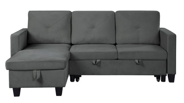 Nova 82.5"W Dark Gray Velvet Reversible Sleeper Sectional Sofa with Storage Chaise - Image 5
