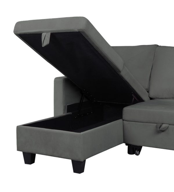 Nova 82.5"W Dark Gray Velvet Reversible Sleeper Sectional Sofa with Storage Chaise - Image 4