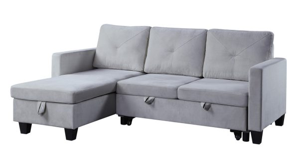 Nova 82.5"W Light Gray Velvet Reversible Sleeper Sectional Sofa with Storage Chaise - Image 3