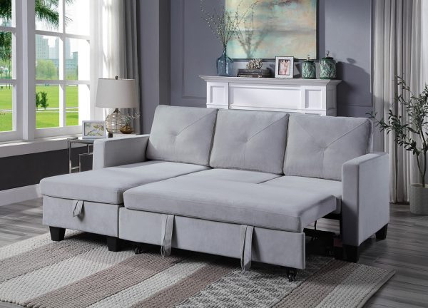 Nova 82.5"W Light Gray Velvet Reversible Sleeper Sectional Sofa with Storage Chaise - Image 2