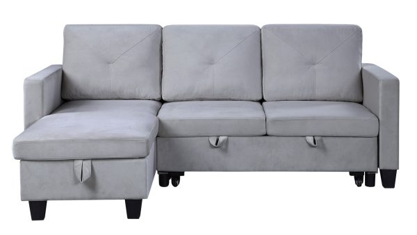 Nova 82.5"W Light Gray Velvet Reversible Sleeper Sectional Sofa with Storage Chaise - Image 5