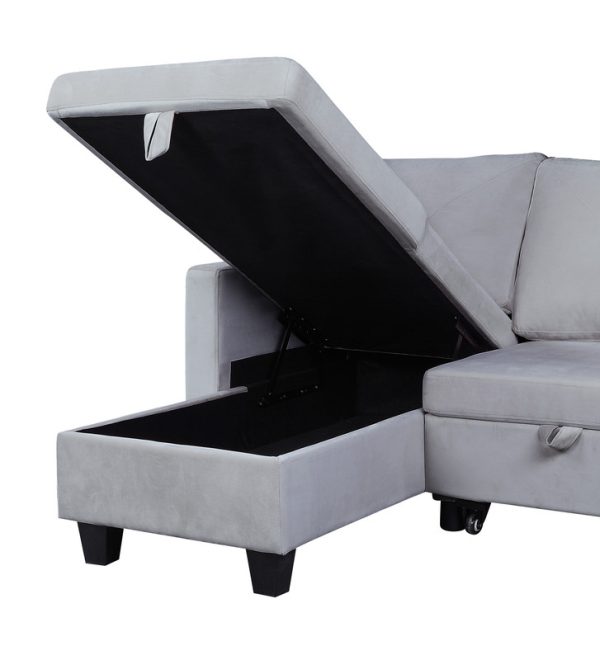 Nova 82.5"W Light Gray Velvet Reversible Sleeper Sectional Sofa with Storage Chaise - Image 4