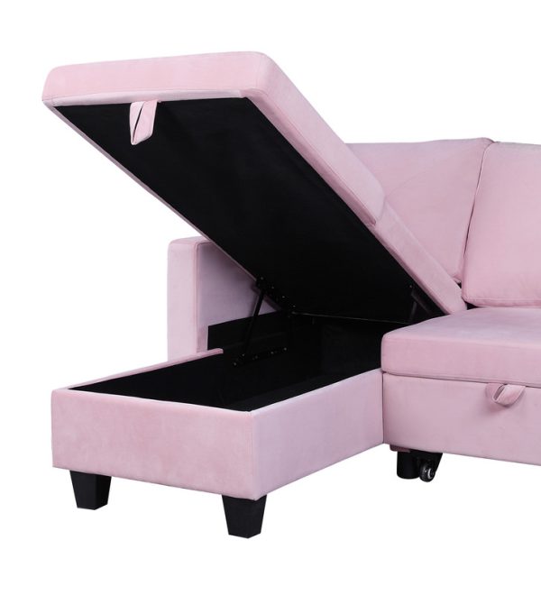 Nova 82.5"W Pink Velvet Reversible Sleeper Sectional Sofa with Storage Chaise - Image 5