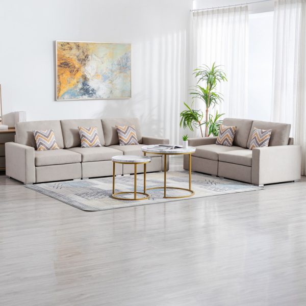 Nolan 95.5"W Beige Linen Fabric Sofa and Loveseat Living Room Set with Pillows and Interchangeable Legs