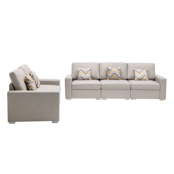 Nolan 95.5"W Beige Linen Fabric Sofa and Loveseat Living Room Set with Pillows and Interchangeable Legs - Image 6