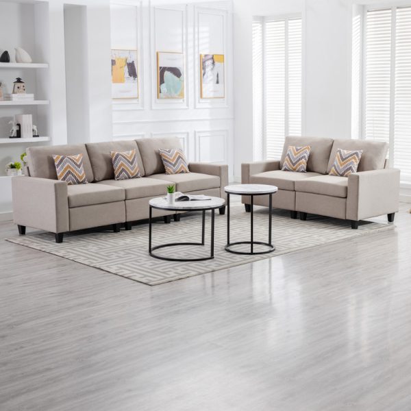 Nolan 95.5"W Beige Linen Fabric Sofa and Loveseat Living Room Set with Pillows and Interchangeable Legs - Image 5