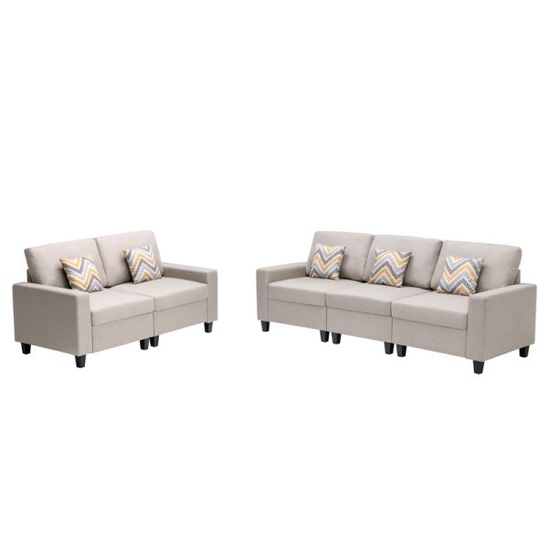 Nolan 95.5"W Beige Linen Fabric Sofa and Loveseat Living Room Set with Pillows and Interchangeable Legs - Image 4