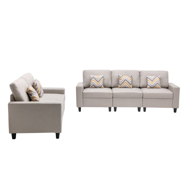 Nolan 95.5"W Beige Linen Fabric Sofa and Loveseat Living Room Set with Pillows and Interchangeable Legs - Image 3