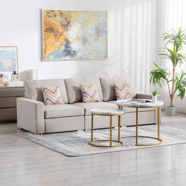 Nolan 95.5"W Beige Linen Fabric Sofa with Pillows and Interchangeable Legs