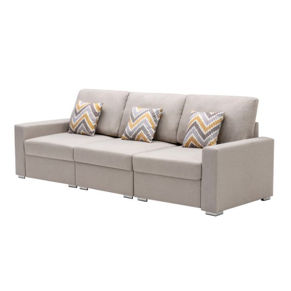 Nolan 95.5"W Beige Linen Fabric Sofa with Pillows and Interchangeable Legs - Image 2