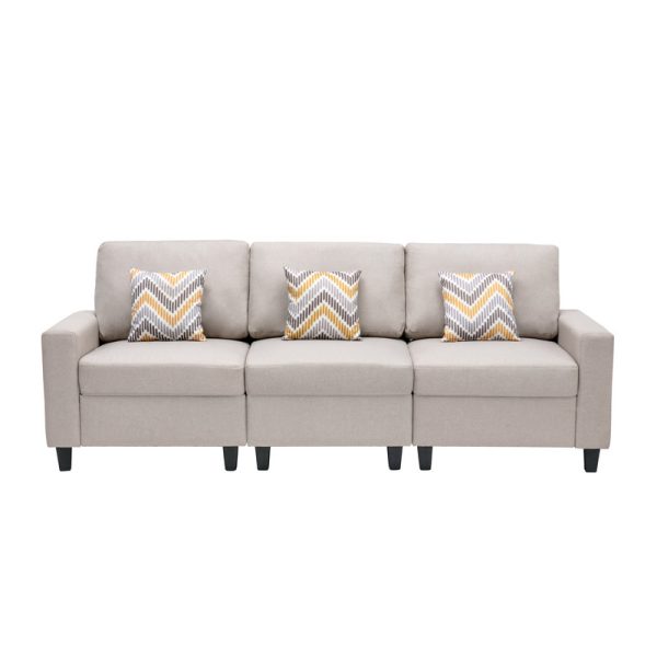 Nolan 95.5"W Beige Linen Fabric Sofa with Pillows and Interchangeable Legs - Image 5