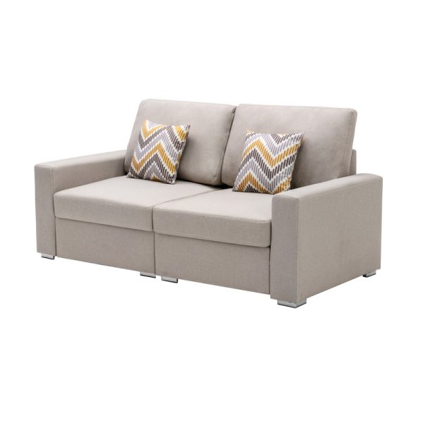Nolan 67"W Beige Linen Fabric Loveseat with Pillows and Interchangeable Legs - Image 4