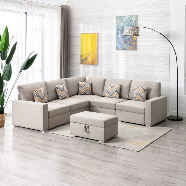 Nolan 95.5"W Beige Linen Fabric 6Pc Reversible Sectional Sofa with Pillows, Storage Ottoman, and Interchangeable Legs