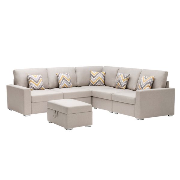 Nolan 95.5"W Beige Linen Fabric 6Pc Reversible Sectional Sofa with Pillows, Storage Ottoman, and Interchangeable Legs - Image 2