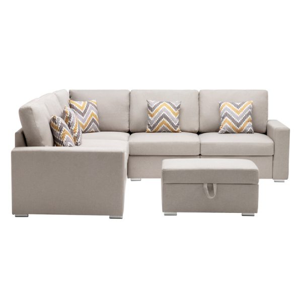Nolan 95.5"W Beige Linen Fabric 6Pc Reversible Sectional Sofa with Pillows, Storage Ottoman, and Interchangeable Legs - Image 10