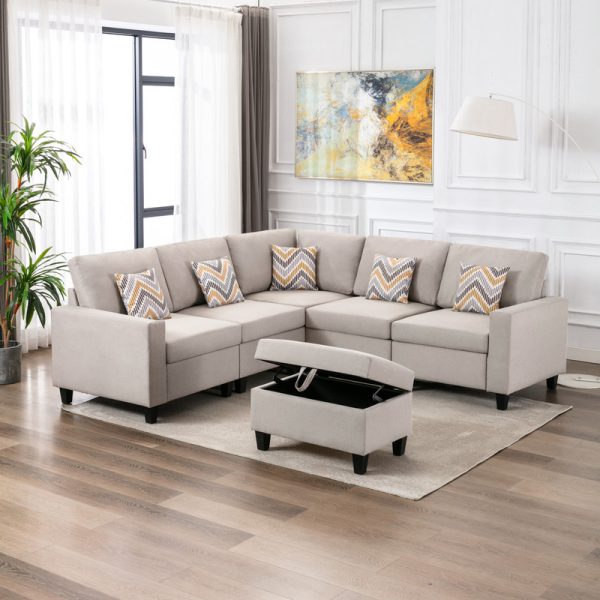 Nolan 95.5"W Beige Linen Fabric 6Pc Reversible Sectional Sofa with Pillows, Storage Ottoman, and Interchangeable Legs - Image 9
