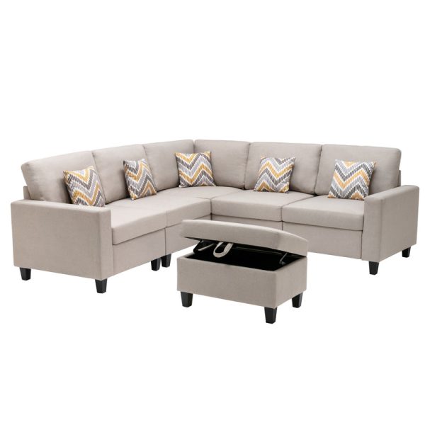 Nolan 95.5"W Beige Linen Fabric 6Pc Reversible Sectional Sofa with Pillows, Storage Ottoman, and Interchangeable Legs - Image 8