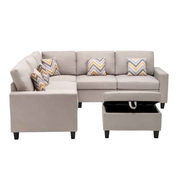 Nolan 95.5"W Beige Linen Fabric 6Pc Reversible Sectional Sofa with Pillows, Storage Ottoman, and Interchangeable Legs - Image 7