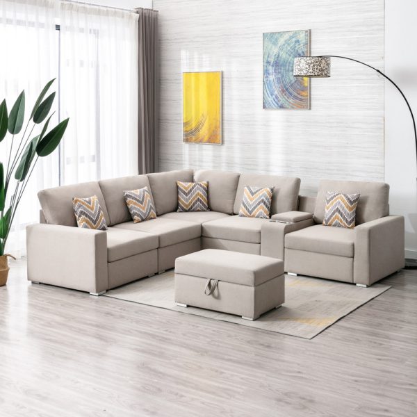 Nolan 106"W Beige Linen Fabric 7Pc Reversible Sectional Sofa with Interchangeable Legs, Pillows, Storage Ottoman, and a USB, Charging Ports, Cupholders, Storage Console Table