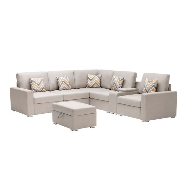 Nolan 106"W Beige Linen Fabric 7Pc Reversible Sectional Sofa with Interchangeable Legs, Pillows, Storage Ottoman, and a USB, Charging Ports, Cupholders, Storage Console Table - Image 11
