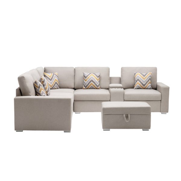 Nolan 106"W Beige Linen Fabric 7Pc Reversible Sectional Sofa with Interchangeable Legs, Pillows, Storage Ottoman, and a USB, Charging Ports, Cupholders, Storage Console Table - Image 10
