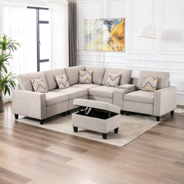 Nolan 106"W Beige Linen Fabric 7Pc Reversible Sectional Sofa with Interchangeable Legs, Pillows, Storage Ottoman, and a USB, Charging Ports, Cupholders, Storage Console Table - Image 9