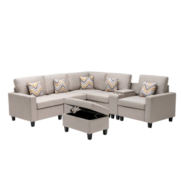 Nolan 106"W Beige Linen Fabric 7Pc Reversible Sectional Sofa with Interchangeable Legs, Pillows, Storage Ottoman, and a USB, Charging Ports, Cupholders, Storage Console Table - Image 8