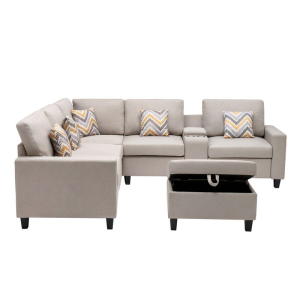 Nolan 106"W Beige Linen Fabric 7Pc Reversible Sectional Sofa with Interchangeable Legs, Pillows, Storage Ottoman, and a USB, Charging Ports, Cupholders, Storage Console Table - Image 7