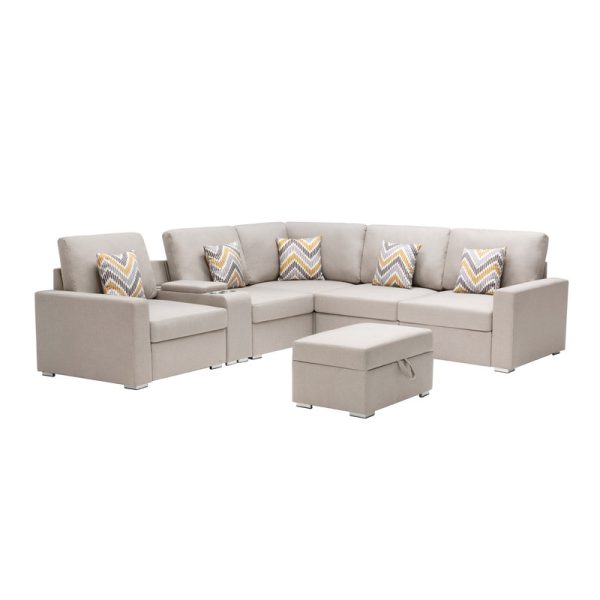 Nolan 106"W Beige Linen Fabric 7Pc Reversible Sectional Sofa with Interchangeable Legs, Pillows, Storage Ottoman, and a USB, Charging Ports, Cupholders, Storage Console Table - Image 6