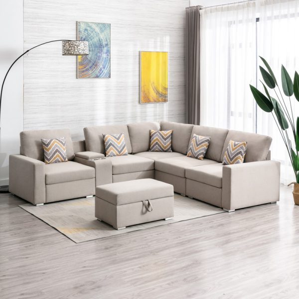 Nolan 106"W Beige Linen Fabric 7Pc Reversible Sectional Sofa with Interchangeable Legs, Pillows, Storage Ottoman, and a USB, Charging Ports, Cupholders, Storage Console Table