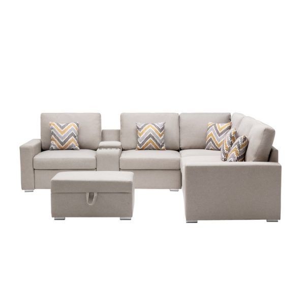 Nolan 106"W Beige Linen Fabric 7Pc Reversible Sectional Sofa with Interchangeable Legs, Pillows, Storage Ottoman, and a USB, Charging Ports, Cupholders, Storage Console Table - Image 10
