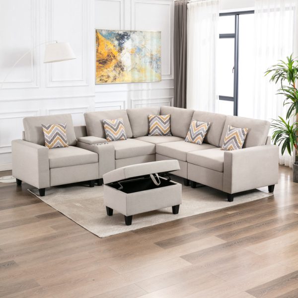 Nolan 106"W Beige Linen Fabric 7Pc Reversible Sectional Sofa with Interchangeable Legs, Pillows, Storage Ottoman, and a USB, Charging Ports, Cupholders, Storage Console Table - Image 9